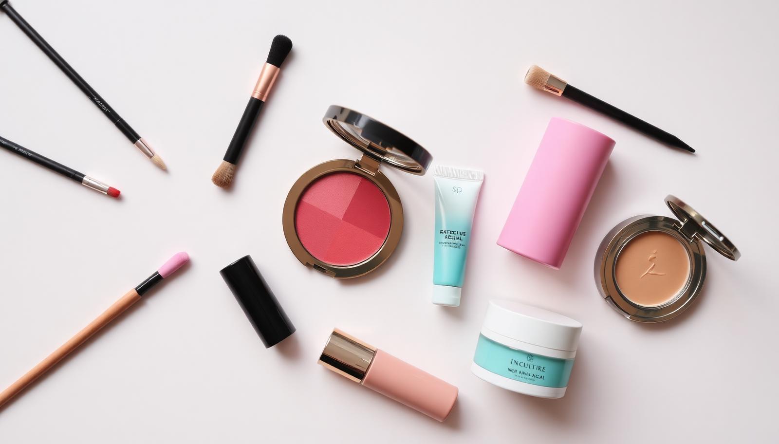 Pincéis, pó compacto, blush, batom, creme facial e acessórios de maquiagem dispostos sobre fundo claro