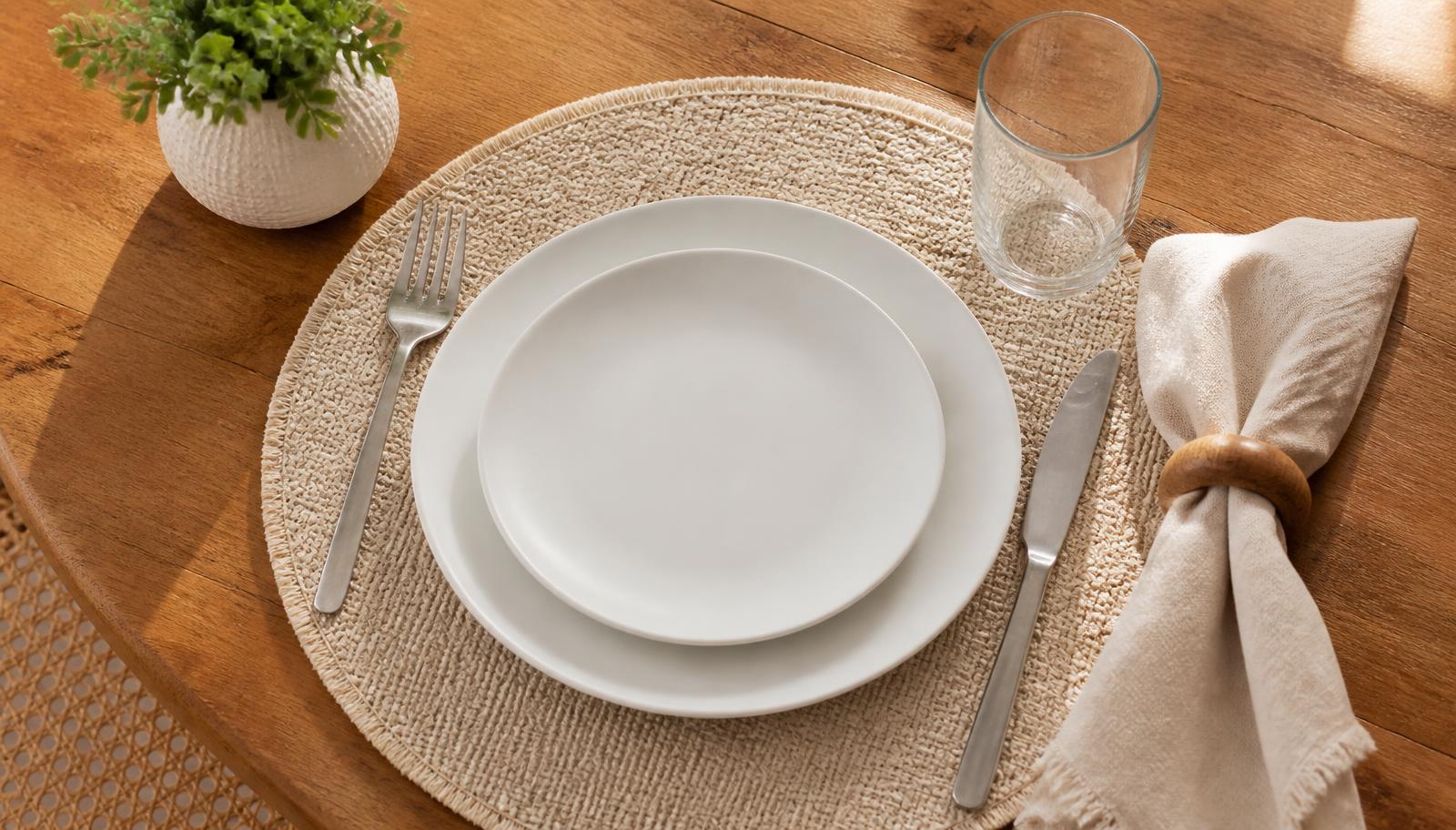 Mesa posta simples com jogo americano de palha, pratos brancos, talheres de inox, copo de vidro e guardanapo de tecido
